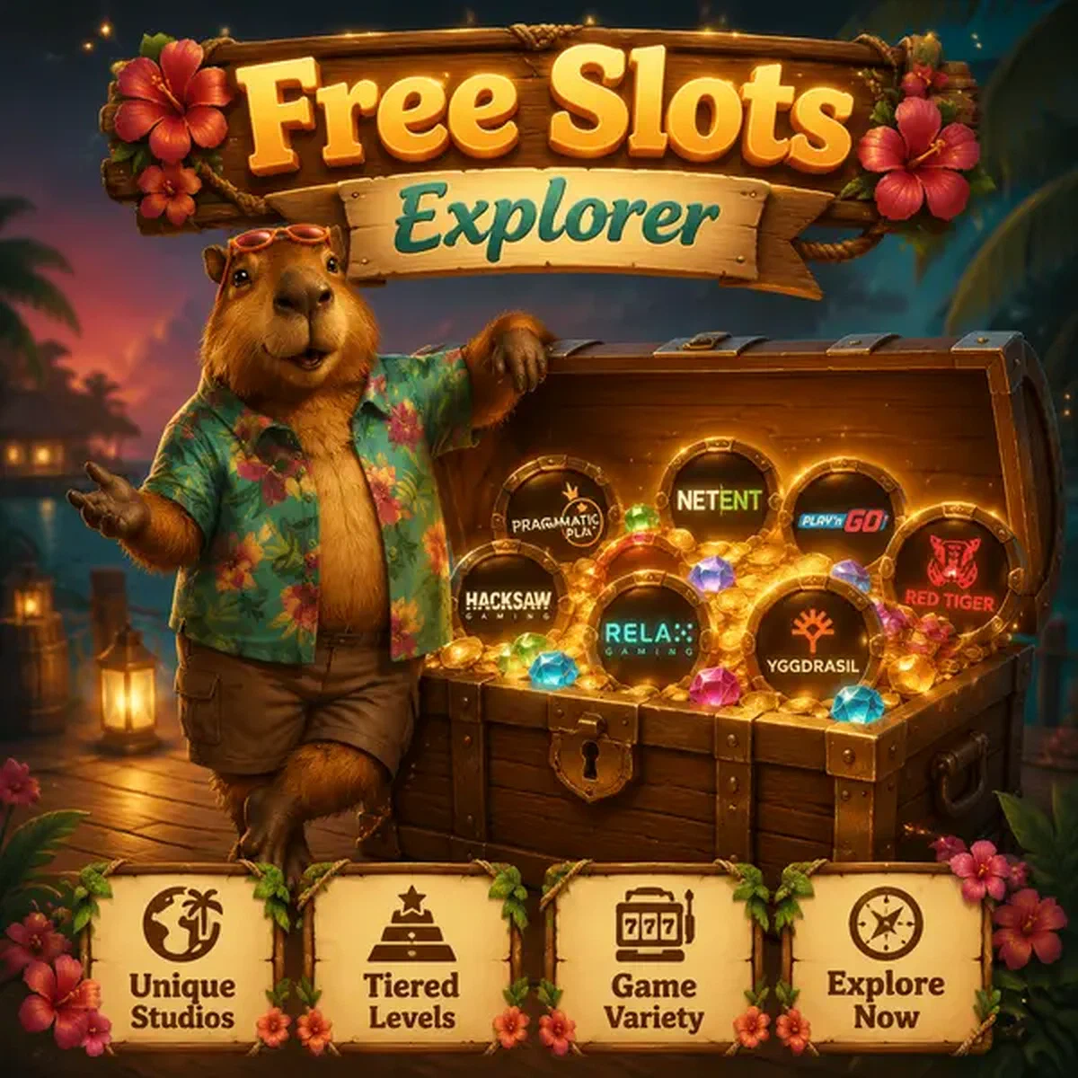 Capibara de LazyBar Casino explora cofre del tesoro de tragaperras gratis lleno de variedad de juegos de estudio