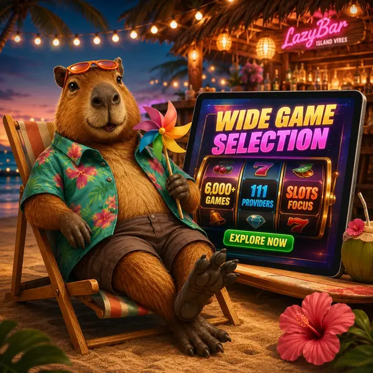 Juegos de LazyBar Casino tragaperras aventura con rodillos girando y ambiente isleño