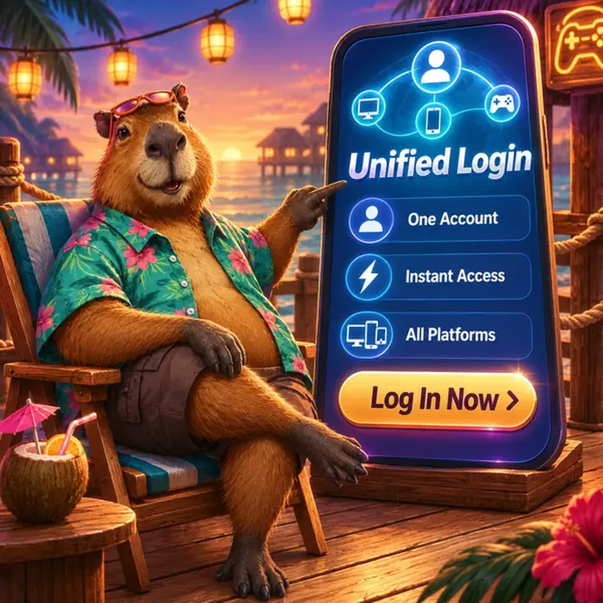Capibara señalando casualmente la pantalla de login de LazyBar Casino mostrando acceso de cuenta unificada