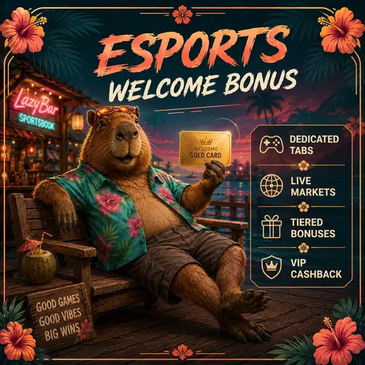 Capibara de LazyBar presentando tarjeta dorada de apuestas esport en banco de muelle tropical