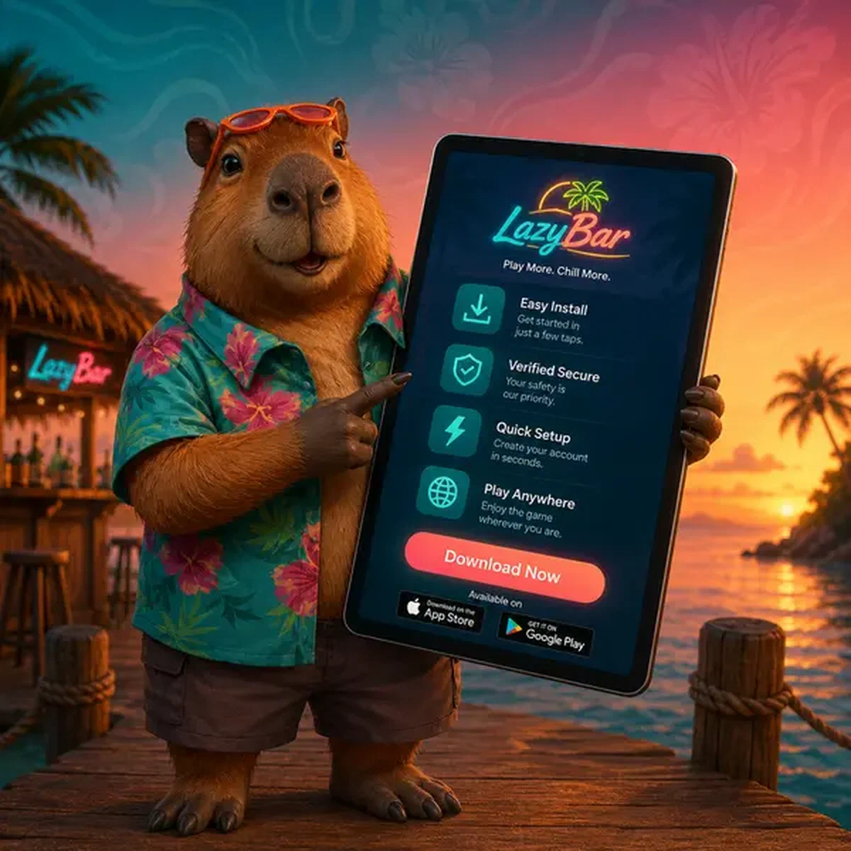 Aplicación móvil LazyBar brillando en pantalla de tablet mientras capibara guía proceso de descarga fácil