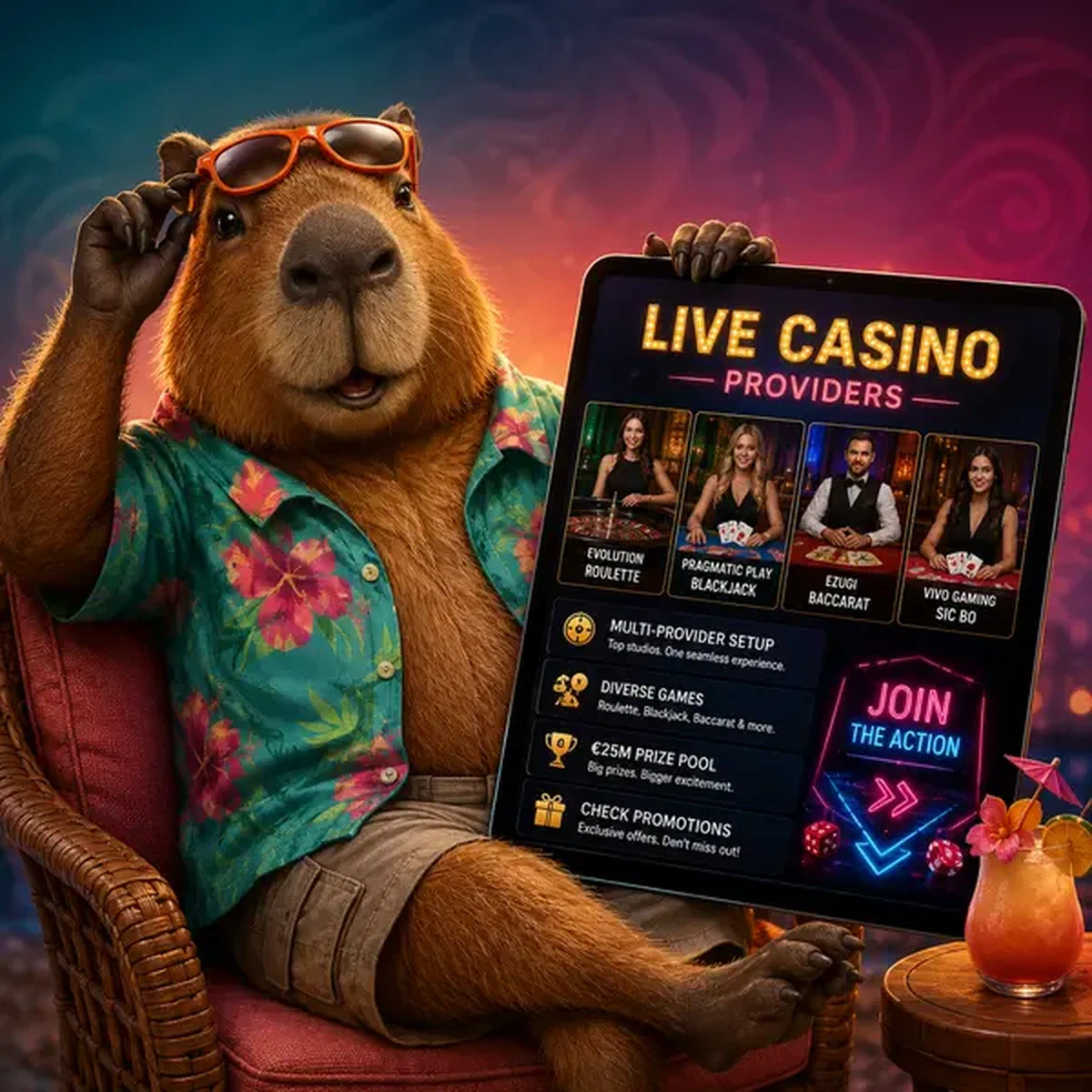 Capibara de LazyBar mostrando juegos de crupier en vivo en pantalla de tablet brillante