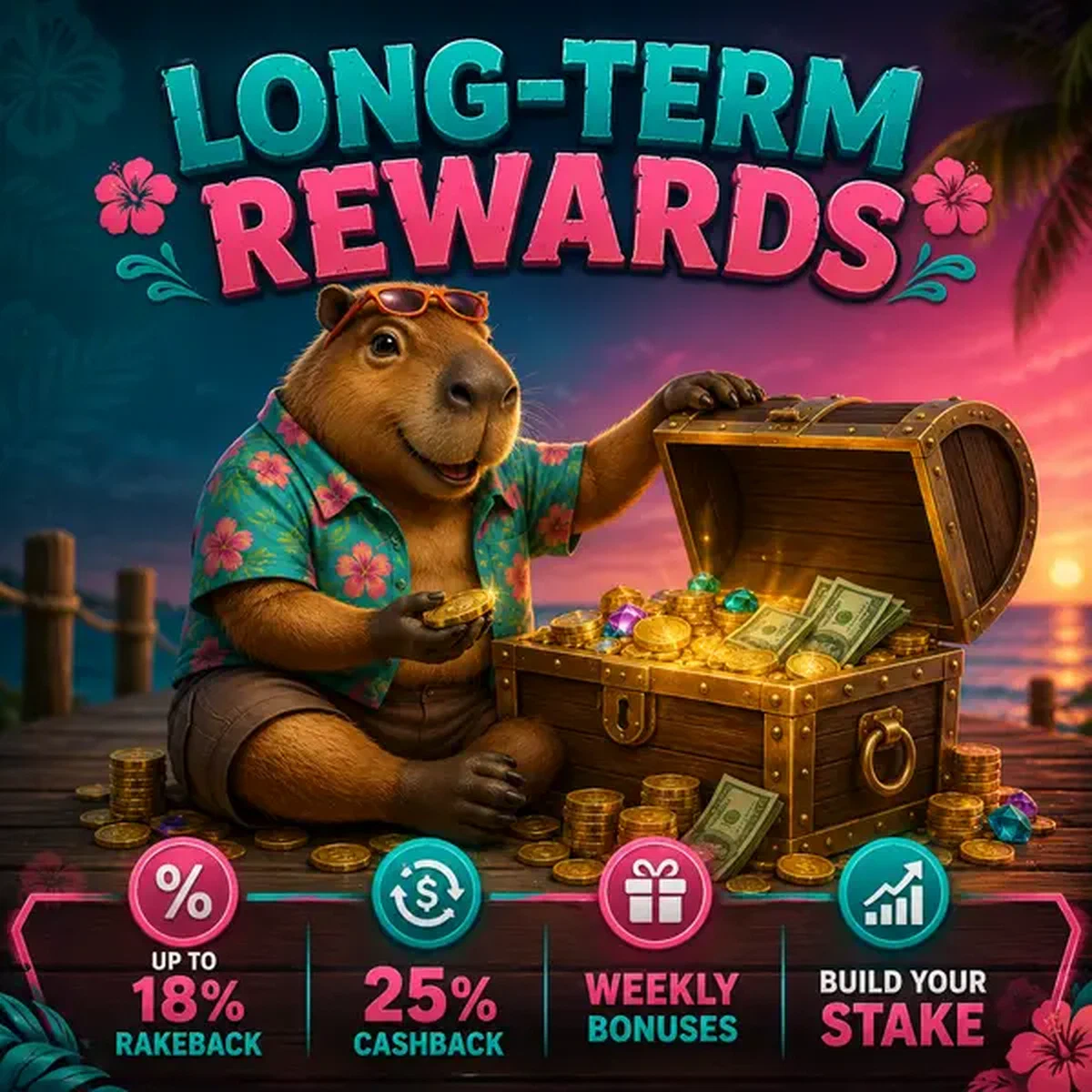 Capibara inspeccionando cofre del tesoro de recompensas a largo plazo en alternativa de bono sin depósito LazyBar