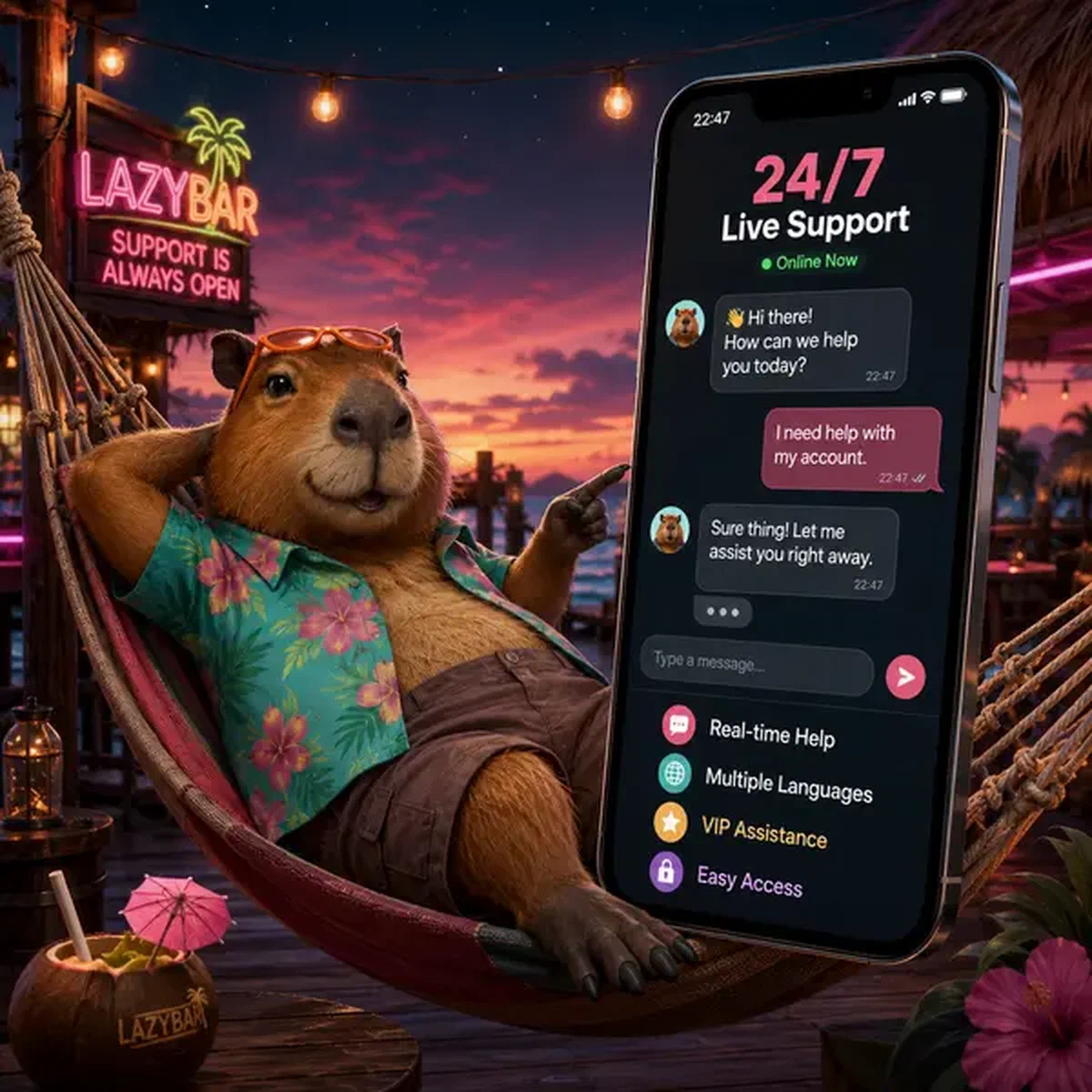 Capibara de LazyBar relajándose en hamaca mientras accede a soporte en vivo 24/7 en smartphone brillante