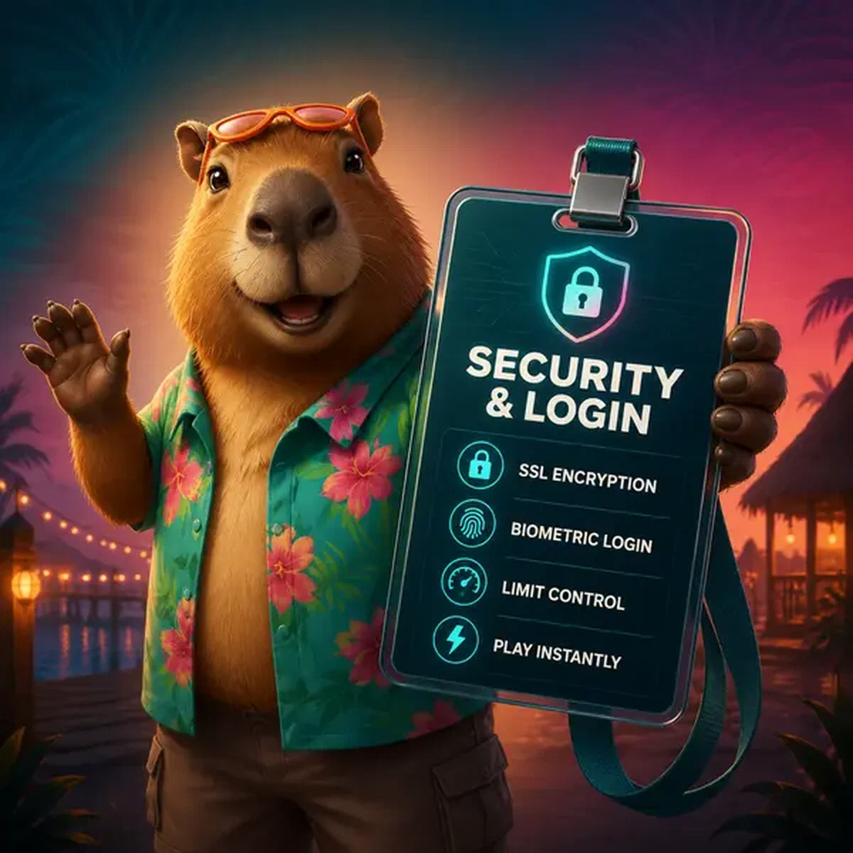 Capibara amigable mostrando características de seguridad biométrica de aplicación en Biometric Security and Login Features