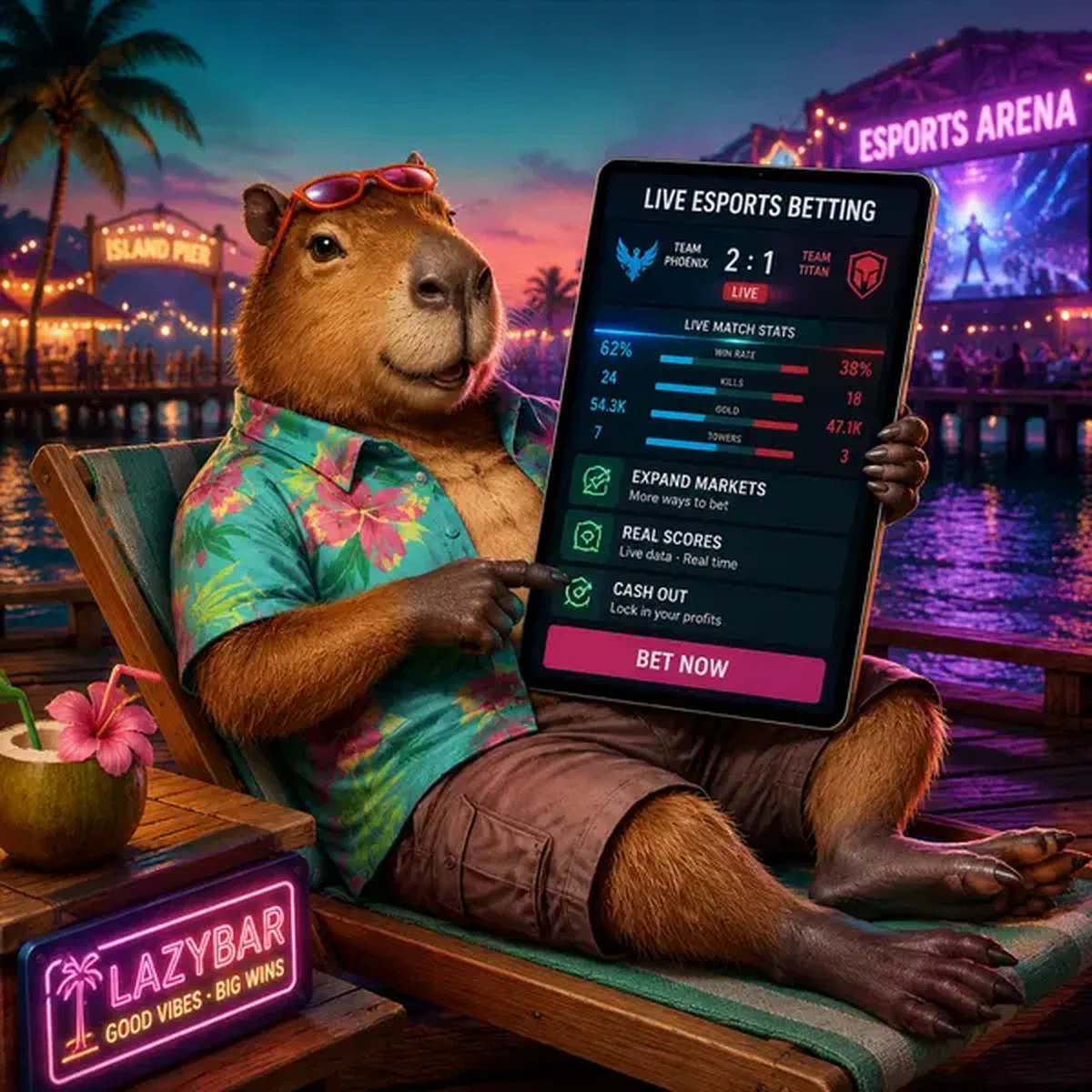 Capibara de LazyBar navegando estadísticas de apuestas esport en vivo en tableta brillante en muelle