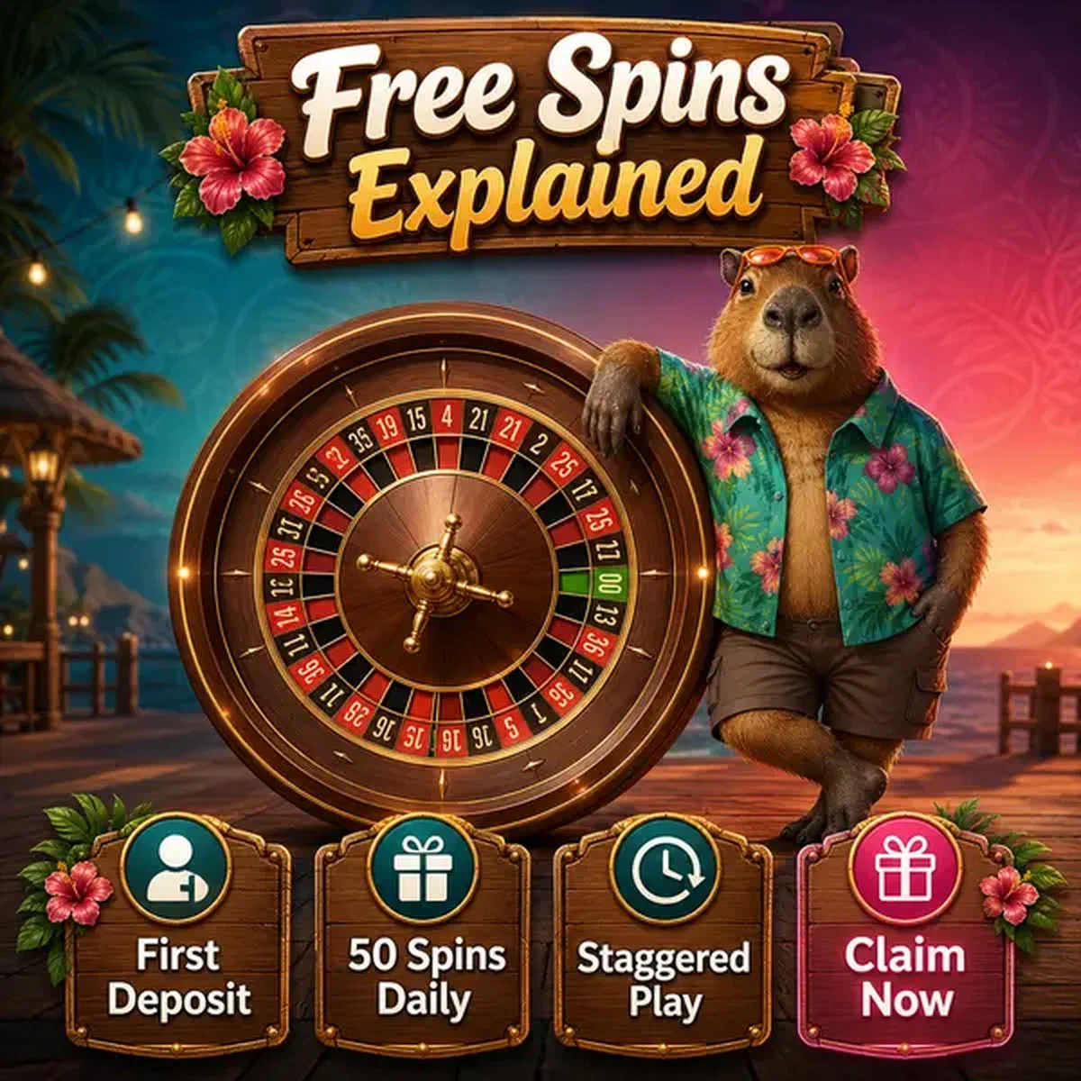 Capibara de LazyBar disfrutando giros de bono sin depósito junto a ruleta tropical