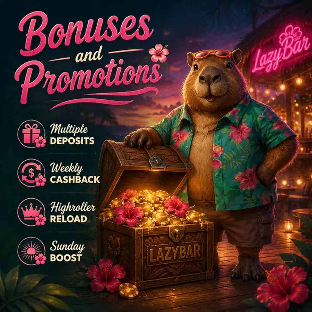Capibara de LazyBar presentando cofre del tesoro desbordante de monedas de bono y flores tropicales