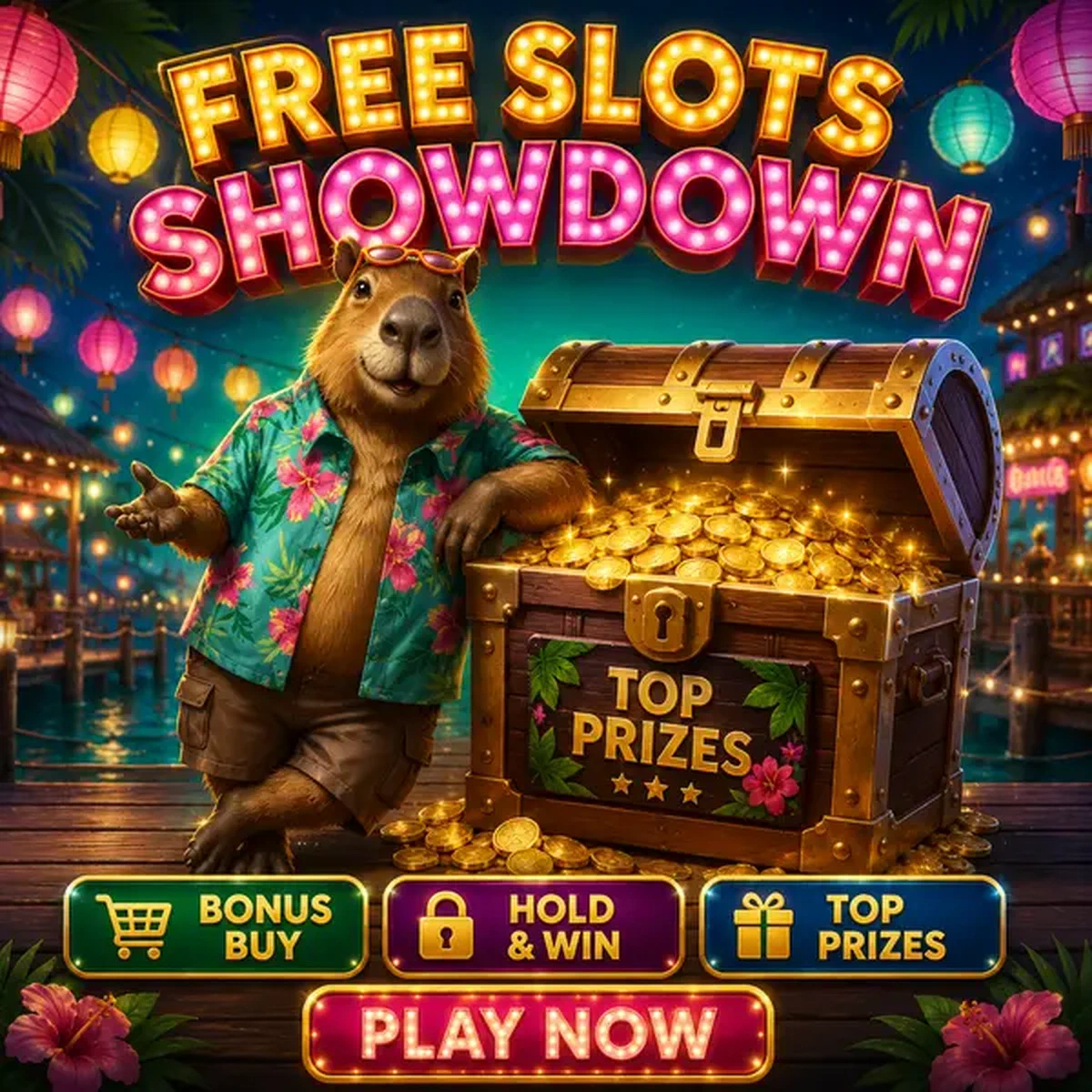 Capibara de LazyBar Free Slots Game revelando cofre del tesoro de juegos de tragaperras y características de bono