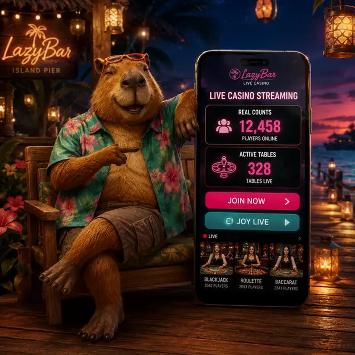 Capibara de LazyBar alojando mesas de casino en vivo mientras verifica conteos de jugadores en smartphone brillante