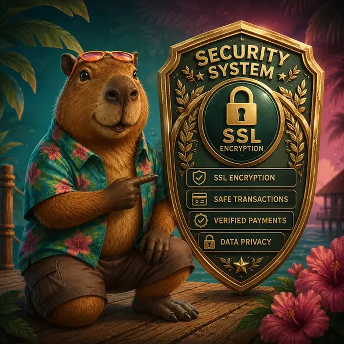 Capibara de LazyBar señalando insignia de seguridad SSL mientras el jugador inicia sesión en portal protegido