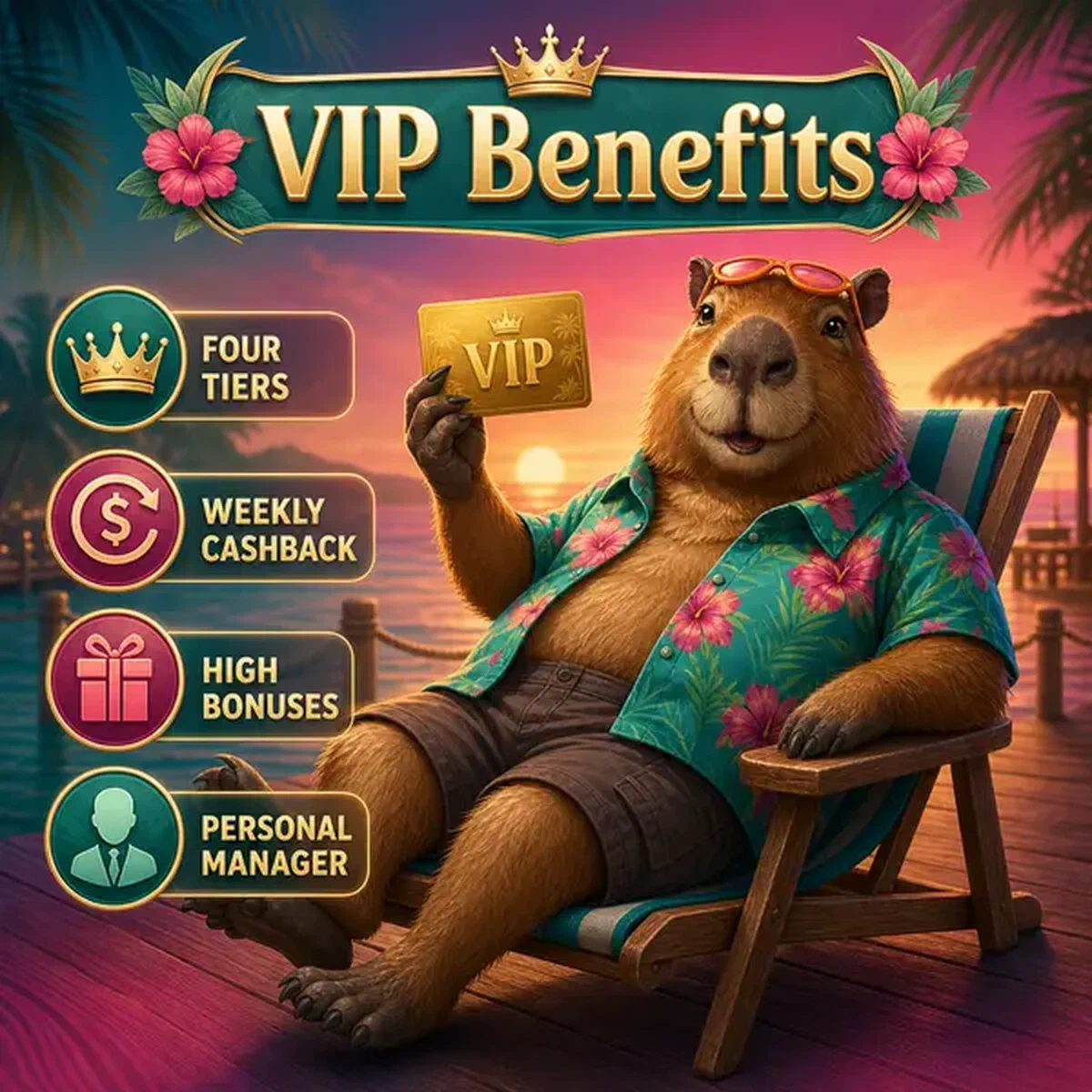 Capibara de LazyBar relajándose con tarjeta de recompensas VIP en paraíso tropical del programa de lealtad