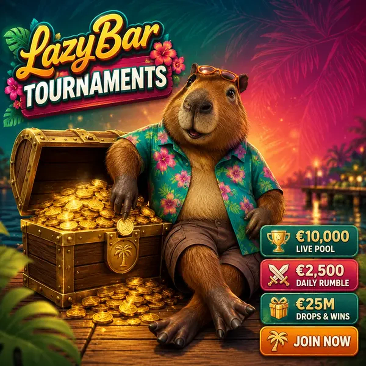 Torneos de LazyBar capibara relajado descubriendo cofre del tesoro desbordante de oro de torneo