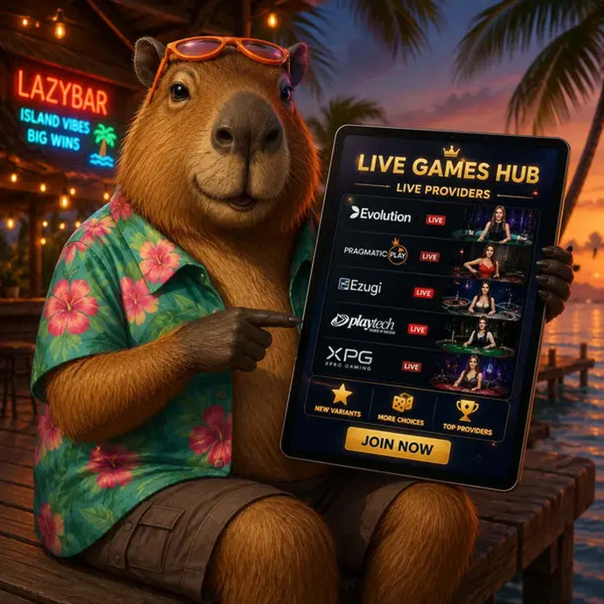 Proveedores de Software de LazyBar centro de casino en vivo con capibara anfitrión navegando opciones de juego