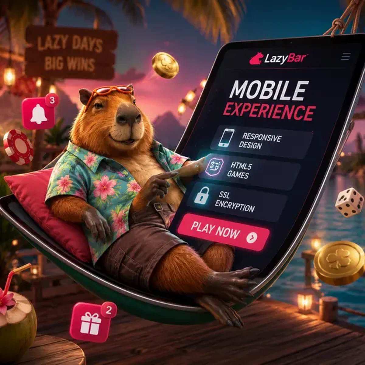 App móvil de LazyBar brillando mientras capibara descansa en hamaca de interfaz digital