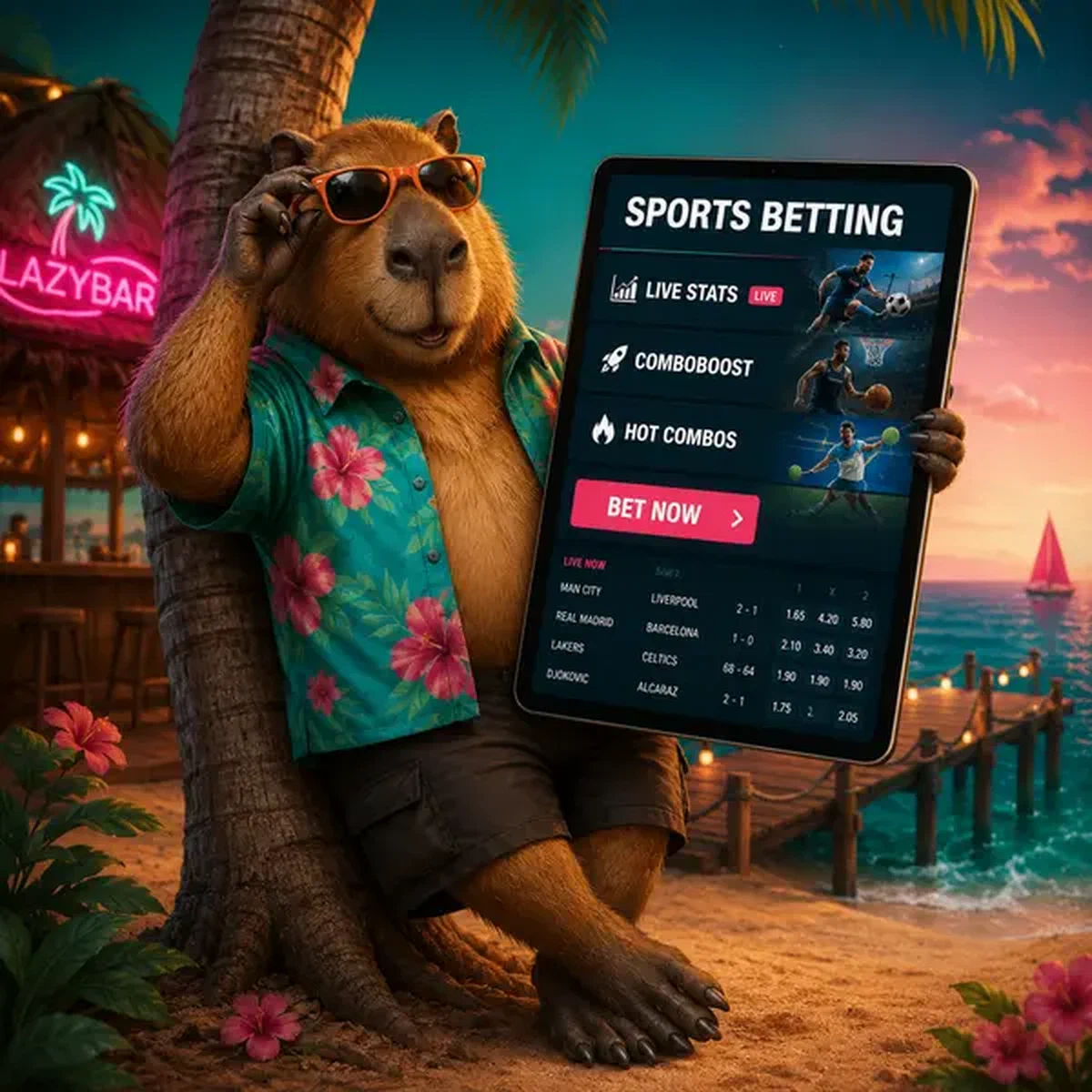 Apuestas Deportivas de LazyBar capibara revisando casualmente estadísticas en vivo en tablet en muelle de isla tropical