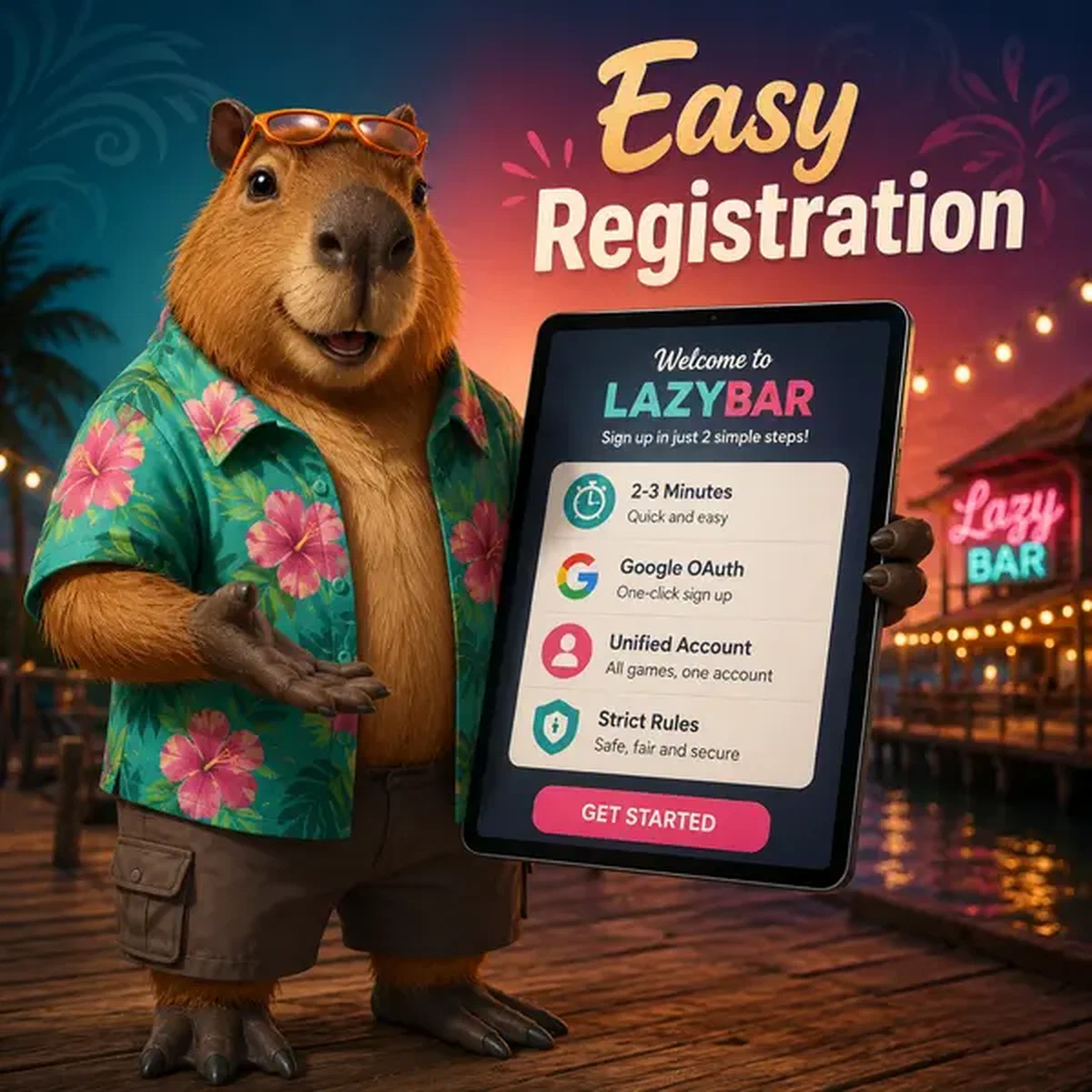 Capibara amigable sosteniendo tablet mostrando proceso de registro de LazyBar con pasos de registro fáciles