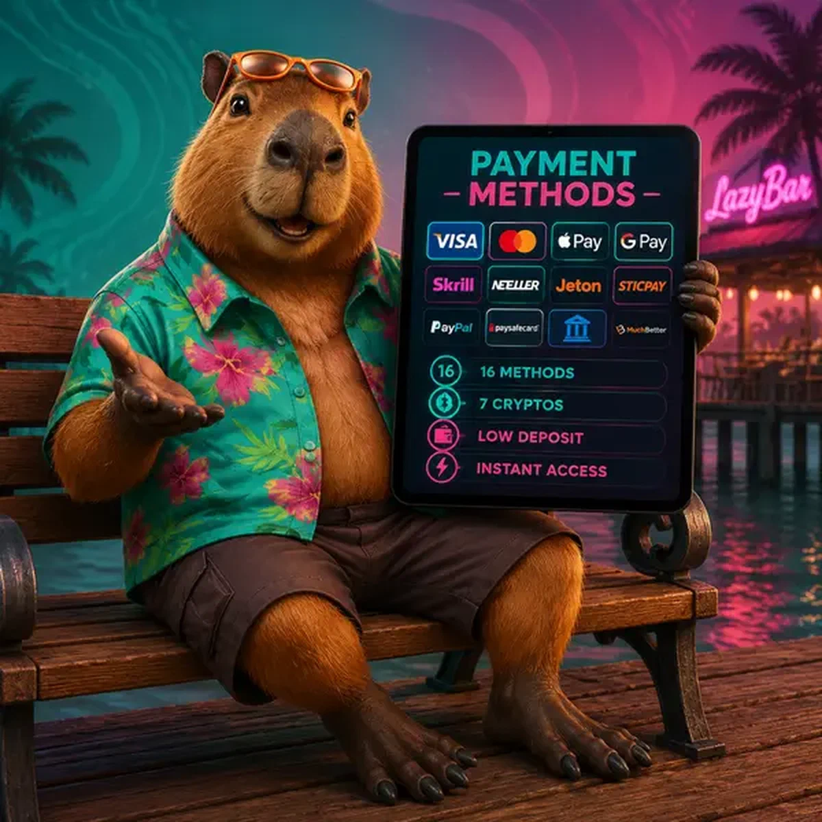 Capibara mostrando métodos de pago de LazyBar en tablet con opciones cripto desplegadas
